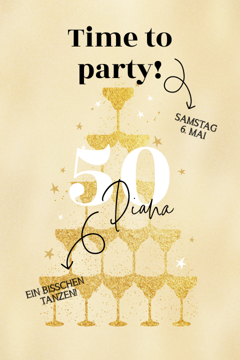 Einladung zum 50. Geburtstag in Gold mit glitzernden Sektgläsern