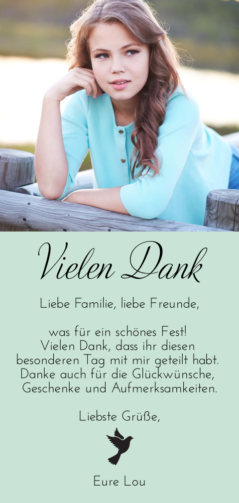 Dankeskarte zur Firmung in Pastelgrün mit Taube und Foto in Hochglanz
