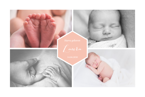 Stilvolle Geburtskarte mit Babyfotos und rosa Farbflächen