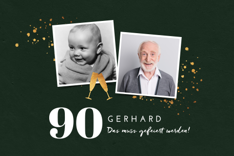 Hippe Geburtstagseinladung zum 90 mit Fotos und Goldspritzern