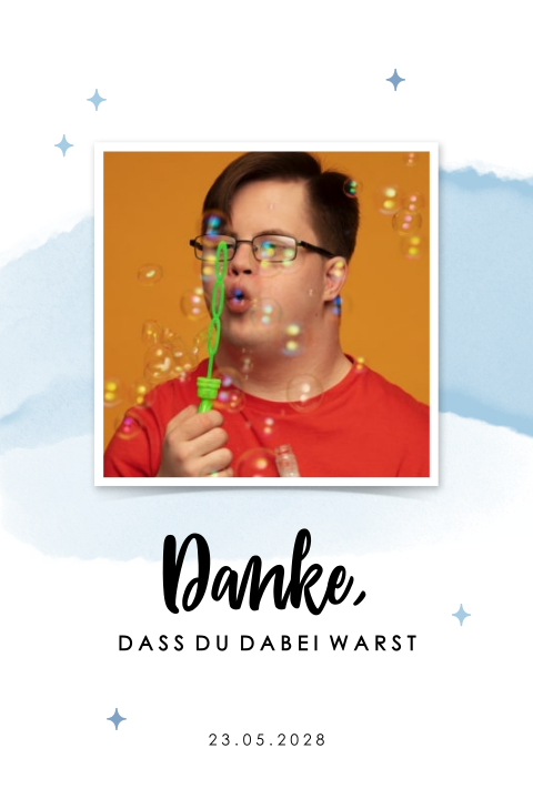 Dankeskarte zur Jugendweihe mit blauwem Aquarell Hintergrund und Foto