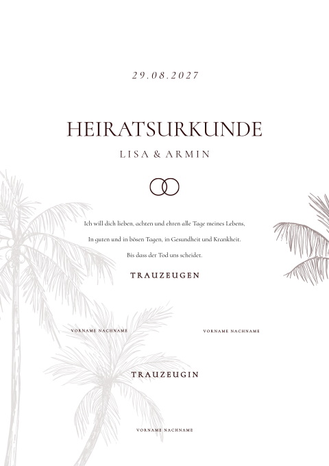 Stilvolle Heiratsurkunde mit Palmen