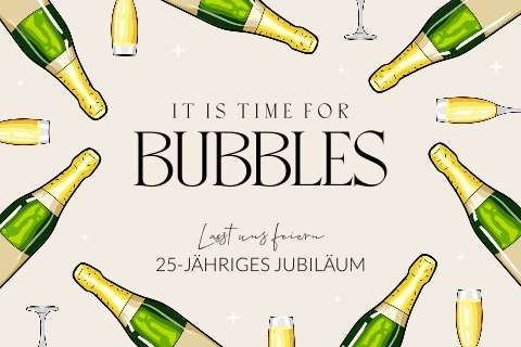 Einladung zum Firmenjubiläum 25 Jahre mit Sektflaschen und Logo