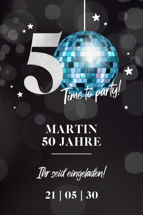 Einladung zum 50. Geburtstag mit Discokugel und Sternen