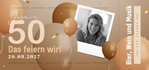 Einladung zum 50. Geburtstag mit Ballons und  Foto im Ticketstil