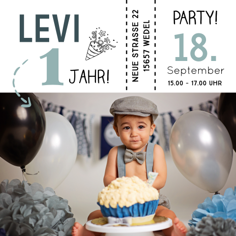 Quadratische Einladung zum 1. Geburtstag mit großem Foto