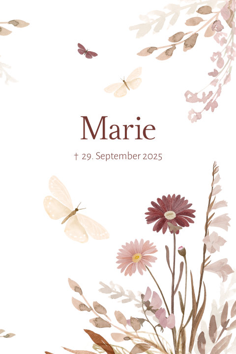 Trauerkarte mit Blumen und Schmetterlingen