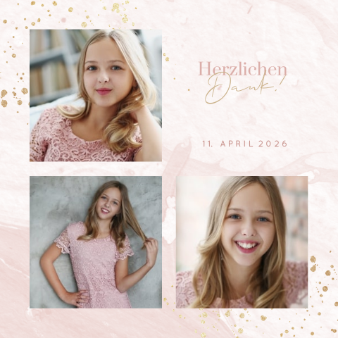 Dankeskarte zur Jugendweihe im Marmor-Look und drei Fotos