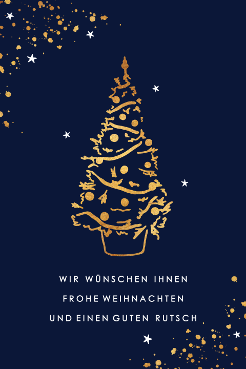 Festliche Weihnachtskarte mit Christbaum und Goldspritzern