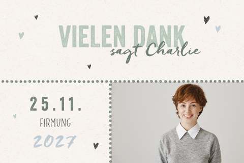 Dankeskarte zur Firmung mit salbeigrüner Schrift und Foto