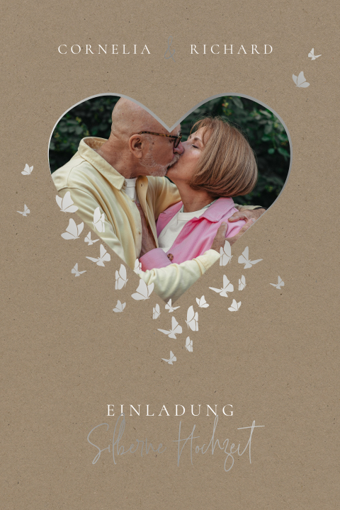 Karte zur Silbernen Hochzeit mit Foto, silbernen Schmetterlingen