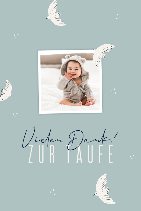 Hellblaue Dankeskarte Taufe mit Vögeln und Foto
