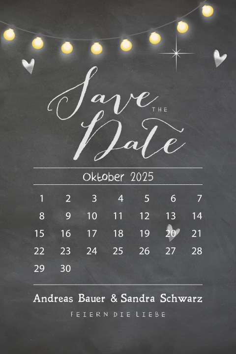 Save the Date Karte mit Herzen, Kalender und Lampengirlanden