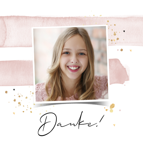 Dankeskarte zur Jugendweihe mit rosa und goldfarbigen und Foto