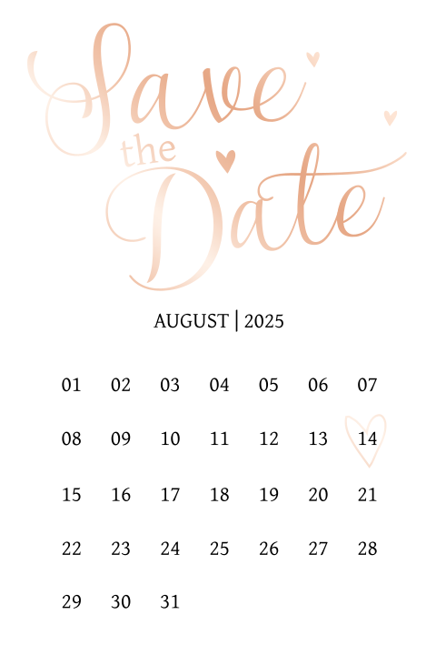 Stilvolle Save-the-Date Hochzeitskarte mit Kalender und Herzen