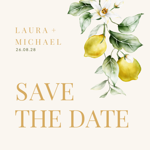 Save the Date Karte zur Hochzeit mit Zitronen und Blüten