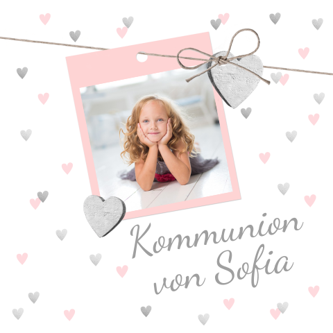 Kommunionkarte mit Herzchen und Polaroid