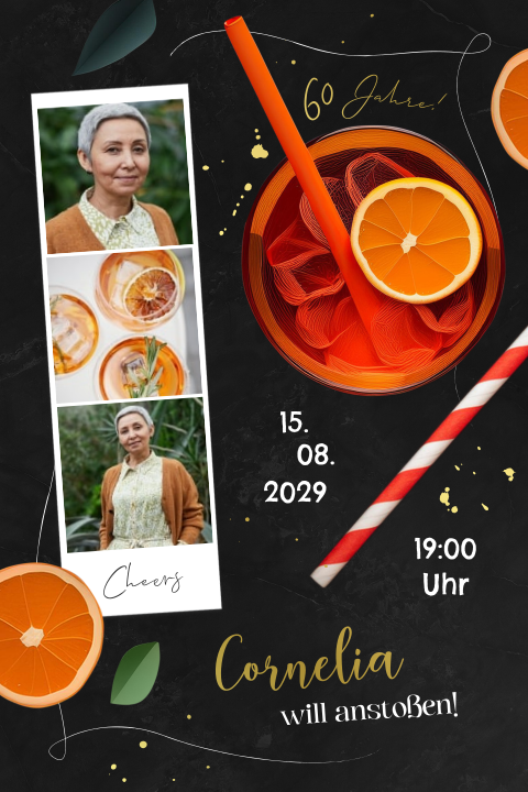 Geburtstageinladung zum 60sten mit Cocktail, Folie und Fotostreifen