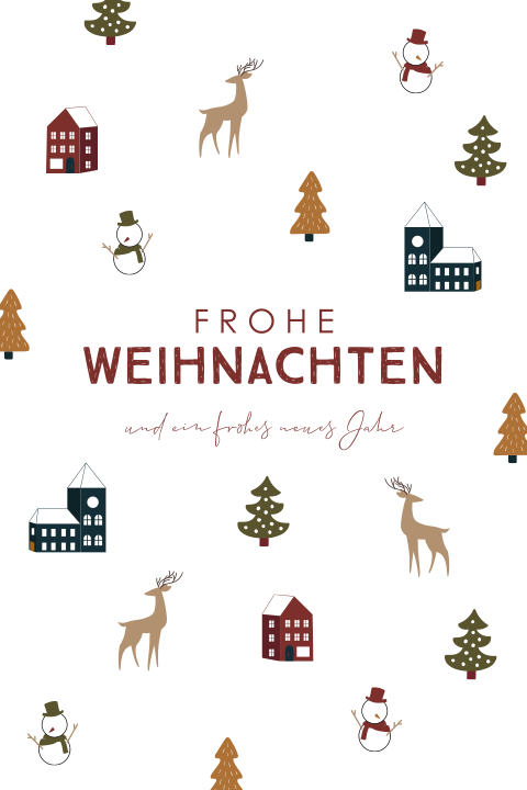 Fröhliche Weihnachtskarte mit Schneemännern und Rentieren