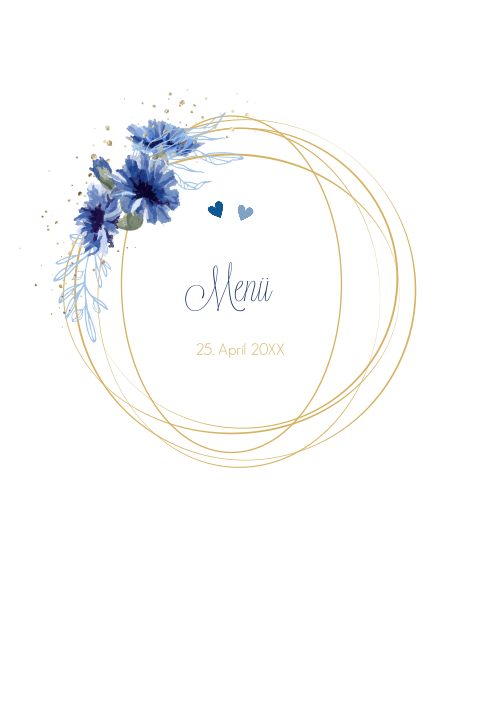 Menükarte mit geometrischem Muster und blauen Blumen