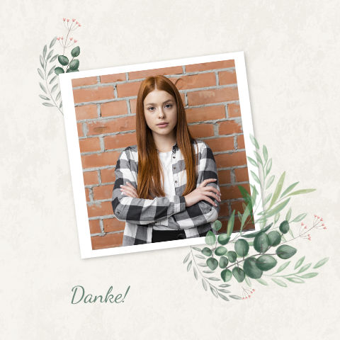 Hübsche Dankeskarte Firmung mit Foto und Aquarellblättern und Blüten