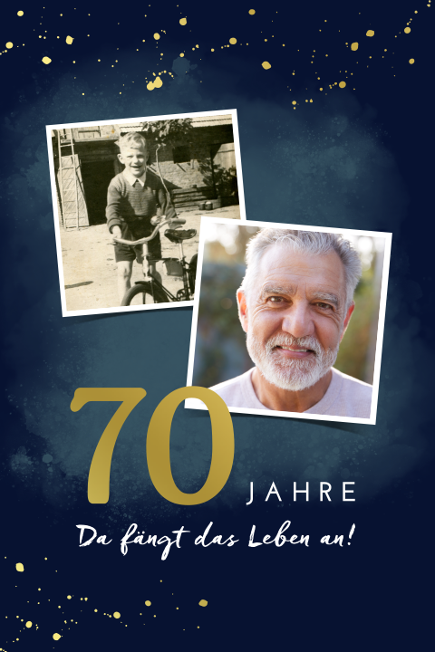 Einladung zum 70 Geburtstag mit glänzendem Gold und Fotos