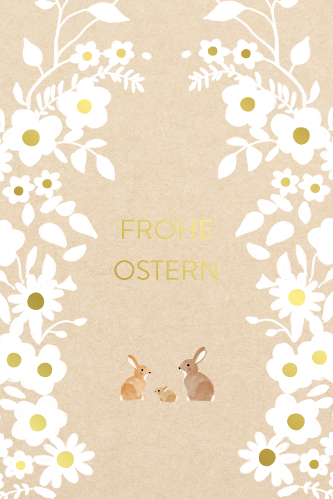 Osterkarte mit Hasen, Blumen und Goldfolie auf Kraft-look