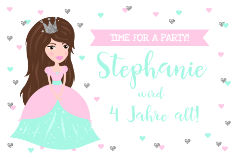 Geburtstags-Party Einladung mit Prinzessin und Herzen
