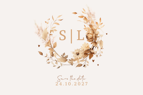 Save the Date Karte mit Blumenkranz und Initialen des Brautpaars