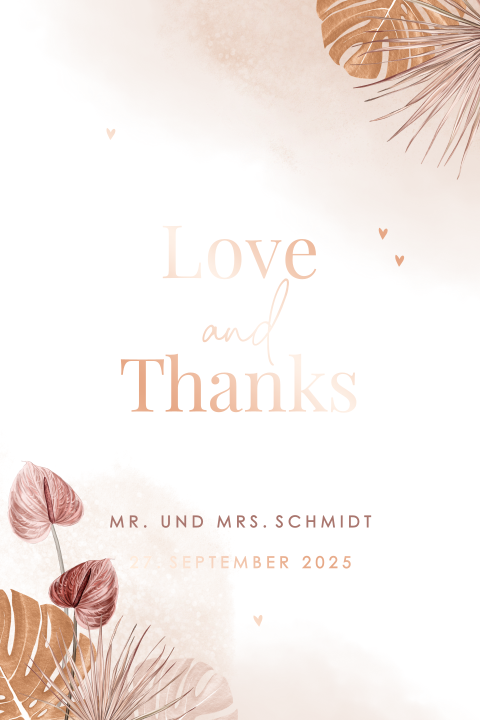 Wunderbare Dankeskarte Hochzeit hochkant mit bronzefarbenen Blättern