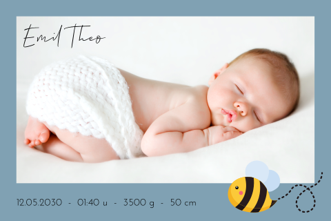 Dankeskarte zur Geburt mit großem Foto und Bienen