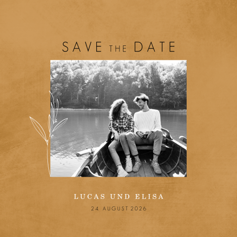 Ockerfarbene Save the Date Karte mit Blumenzweig und Foto