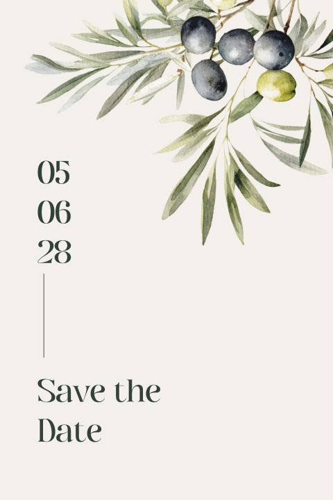 Mediterrane Save-the-Date Karte mit Oliven und Zweigen