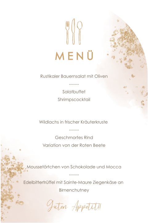 Stilvolle Menükarte in Bogen-Form mit Wasserfarben und Goldtupfern