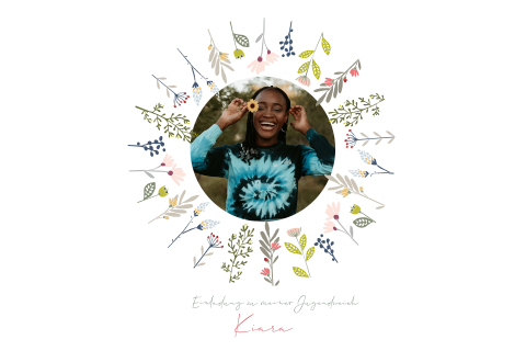 Einladung Querformat zur Jugendweihe mit Foto und Blumenkranz