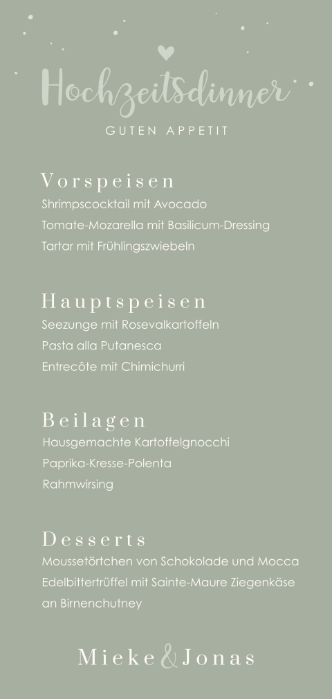 Menükarte in mintgrün mit Herzchen und Punkten