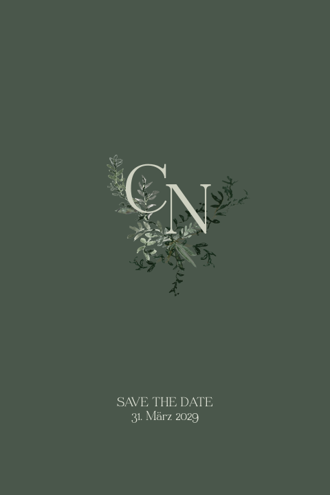 Stilvolle Save the Date Karte mit Initialien und Zweigen