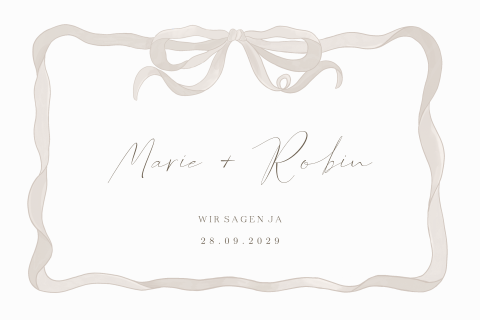 Hochzeitseinladung mit Schleife in Beige & illustriertem Tagesplan