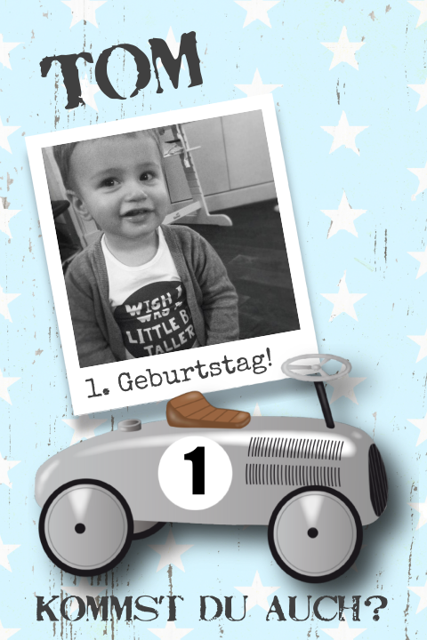 Starke Einladung für den Geburtstag eines Jungen mit Laufauto
