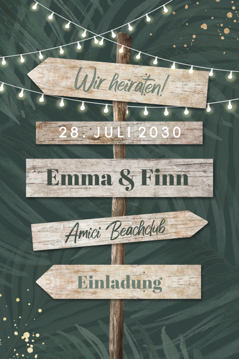 Fröhliche Hochzeitseinladung mit Wegweiser und Lichterketten