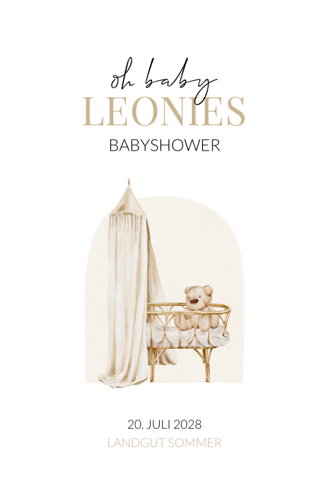 Moderne Einladung zur Babyshower mit Teddy und Rattan-Wiege