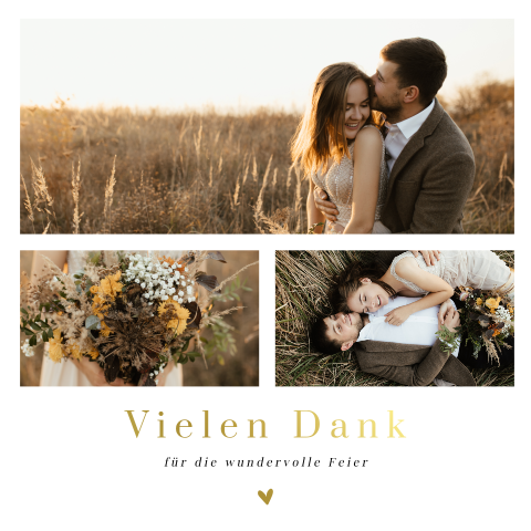 Schicke Danksagungskarte mit Fotocollage und Goldfolie