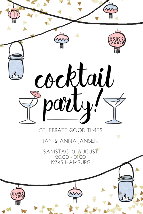 Einladung zur Gartenparty Klappkarte mit Lampions und Cocktails