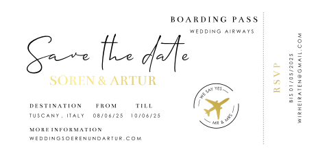 Hochzeitskarte mit schicker Goldfolie in der Form eines Flugtickets