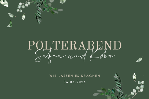 Polterabend-Einladung in Dunkelgrün mit Zweigen