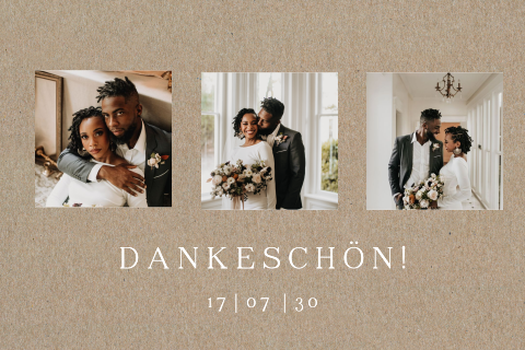 Dankeskarte Hochzeit in echtem Kraftpapier mit 3 Fotos und Eukalyptus Zweig