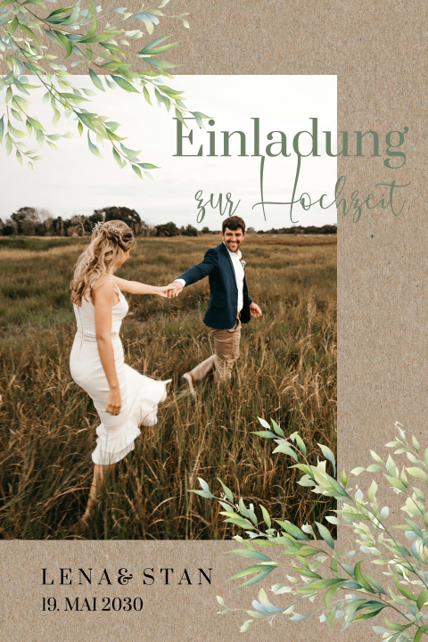 Hochzeitskarte im Kraftlook mit Foto und Zweigen