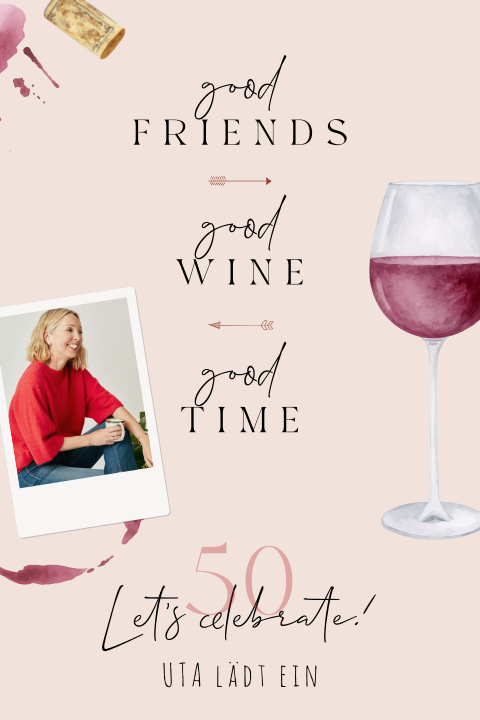Geburtstagseinladung Wein mit rosa Hintergrund und Foto