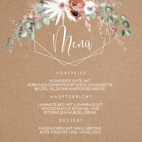 Kraftlook Menükarte mit geometrischem Design und Blumen