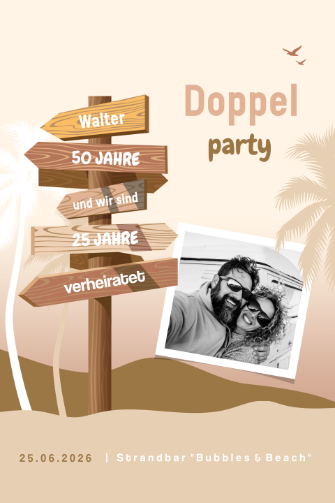 Doppelparty-Einladung 25 und 50 mit Strandwegweiser